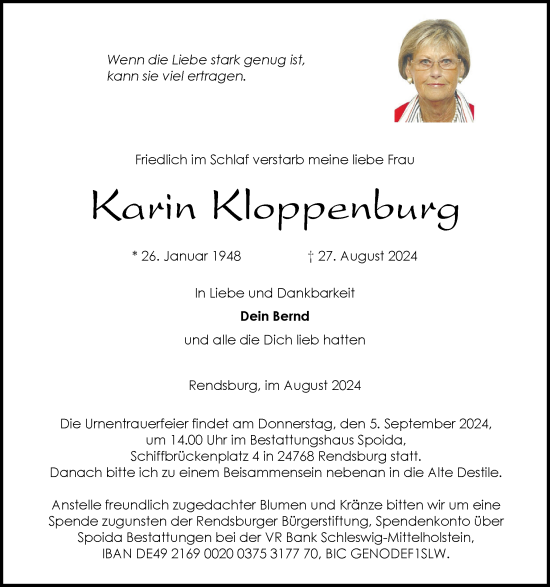 Traueranzeige von Karin Kloppenburg von Schleswig-Holsteinische Landeszeitung