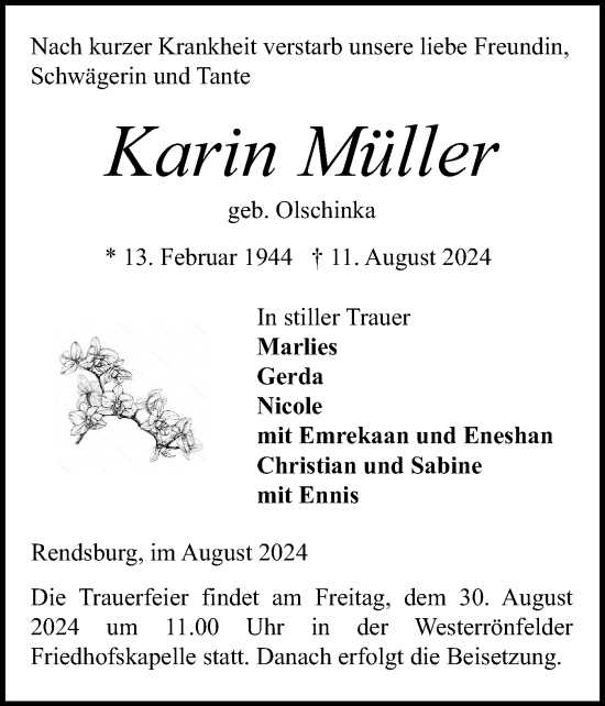 Traueranzeige von Karin Müller von Schleswig-Holsteinische Landeszeitung