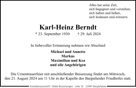 Traueranzeige von Karl-Heinz Berndt von Stormaner Tageblatt