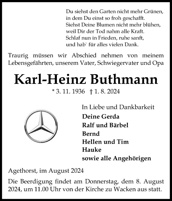 Traueranzeige von Karl-Heinz Buthmann von Norddeutsche Rundschau, Wilstersche Zeitung, Glückstädter Fortuna