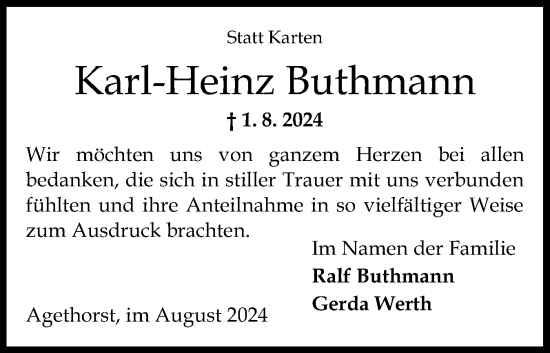 Traueranzeige von Karl-Heinz Buthmann von Norddeutsche Rundschau, Wilstersche Zeitung, Glückstädter Fortuna