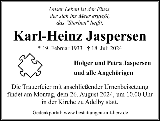 Traueranzeige von Karl-Heinz Jaspersen von Flensburger Tageblatt