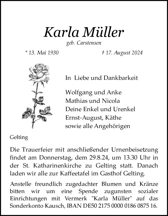 Traueranzeige von Karla Müller von Flensburger Tageblatt, Schleswiger Nachrichten, Schlei-Bote