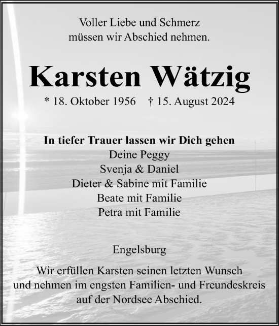 Traueranzeige von Karsten Wätzig von Husumer Nachrichten, Nordfriesland Tageblatt