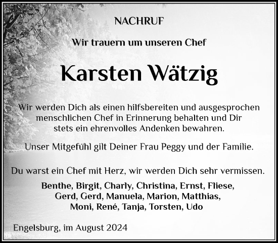 Traueranzeige von Karsten Wätzig von Husumer Nachrichten, Nordfriesland Tageblatt