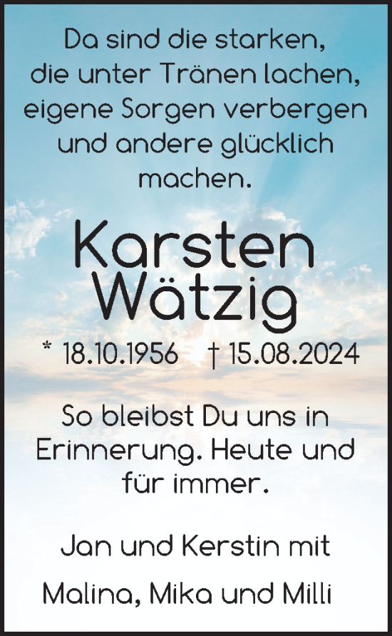 Traueranzeige von Karsten Wätzig von Husumer Nachrichten, Nordfriesland Tageblatt