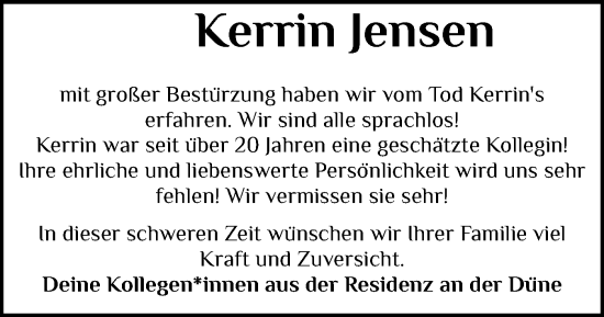 Traueranzeige von Kerrin Jensen von Husumer Nachrichten, Nordfriesland Tageblatt