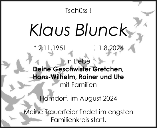 Traueranzeige von Klaus Blunck von Schleswig-Holsteinische Landeszeitung