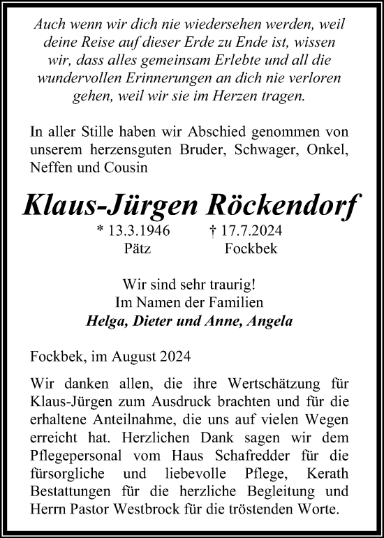 Traueranzeige von Klaus-Jürgen Röckendorf von Schleswig-Holsteinische Landeszeitung