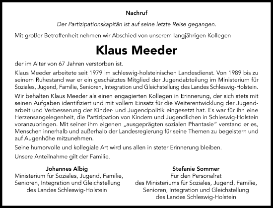 Traueranzeige von Klaus Meeder von Schleswig-Holsteinische Landeszeitung