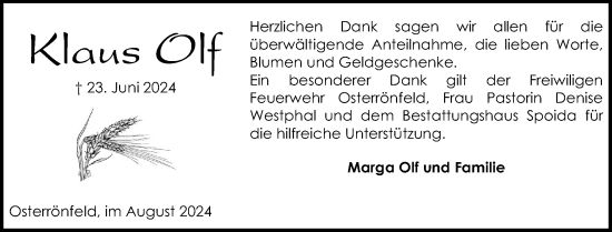 Traueranzeige von Klaus Olf von Schleswig-Holsteinische Landeszeitung