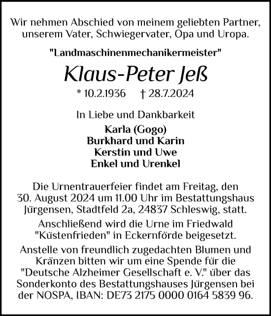 Traueranzeige von Klaus-Peter Jeß von Schleswiger Nachrichten, Schlei-Bote