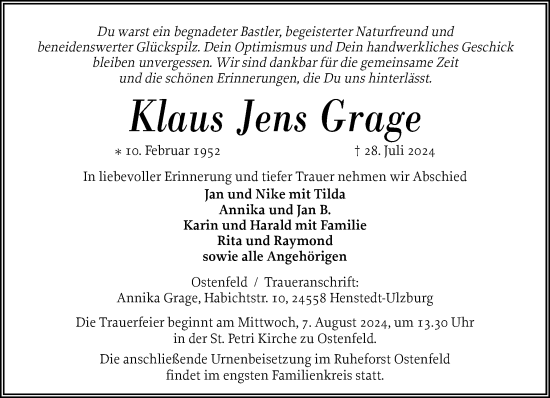 Traueranzeige von Klaus Jens Grage von Husumer Nachrichten, Nordfriesland Tageblatt