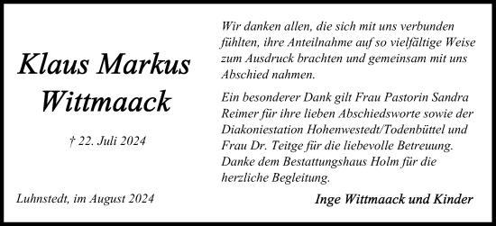 Traueranzeige von Klaus Markus Wittmaack von Schleswig-Holsteinische Landeszeitung