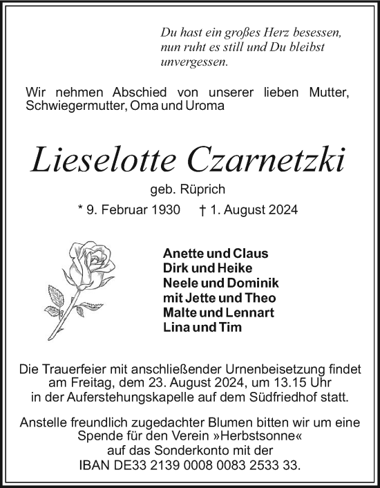 Traueranzeige von Lieselotte Czarnetzki von Holsteinischer Courier