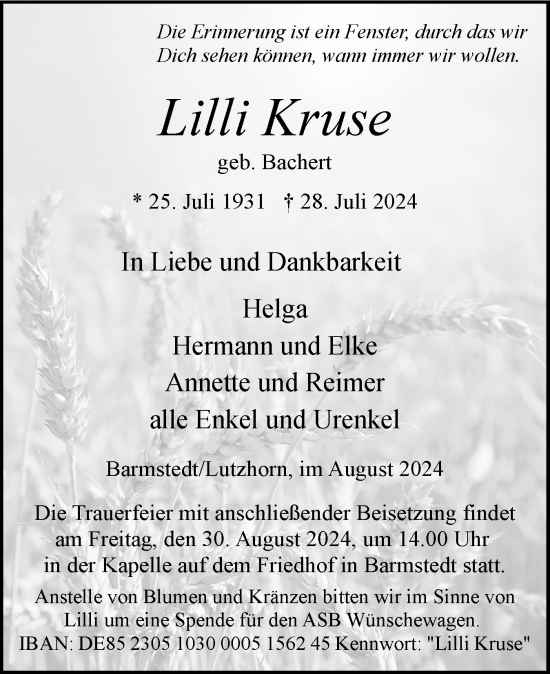 Traueranzeige von Lilli Kruse von Elmshorner Nachrichten, Barmstedter Zeitung