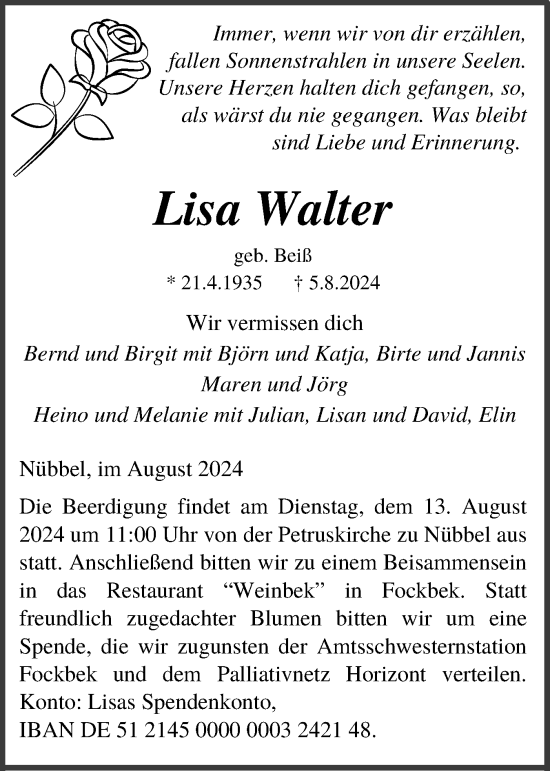 Traueranzeige von Lisa Walter von Schleswig-Holsteinische Landeszeitung