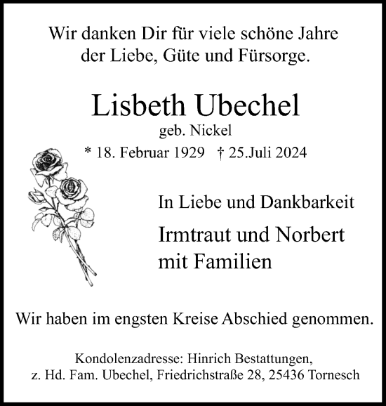 Traueranzeige von Lisbeth Ubechel von Uetersener Nachrichten, Der tip am Wochenende