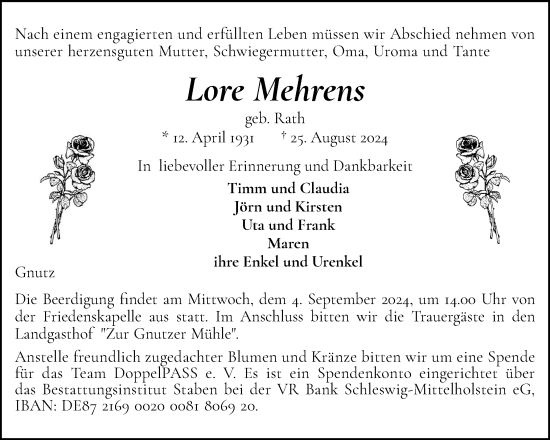 Traueranzeige von Lore Mehrens von Schleswig-Holsteinische Landeszeitung