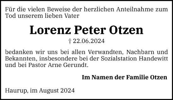 Traueranzeige von Lorenz Peter Otzen von Flensburger Tageblatt