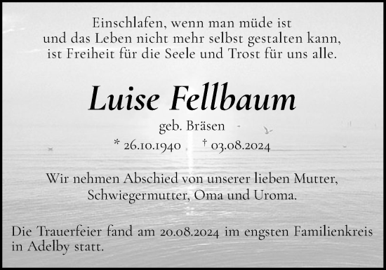 Traueranzeige von Luise Fellbaum von Flensburger Tageblatt