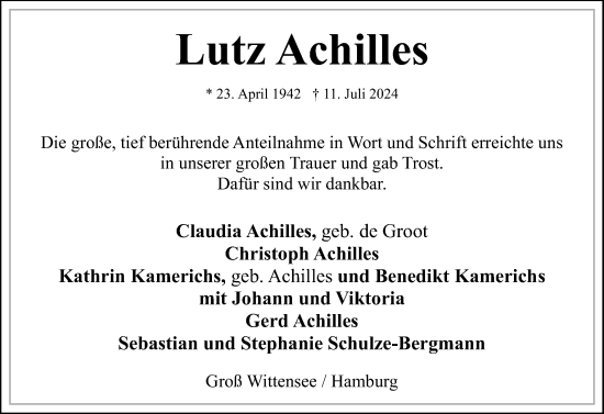 Traueranzeige von Lutz Achilles von Eckernförder Zeitung, Hallo Eckernförde