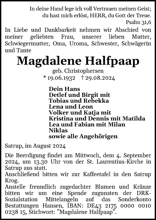 Traueranzeige von Magdalene Halfpaap von Flensburger Tageblatt, Schleswiger Nachrichten, Schlei-Bote