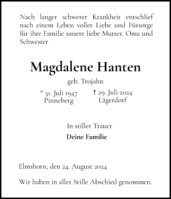 Traueranzeige von Magdalene Hanten von Elmshorner Nachrichten, Barmstedter Zeitung