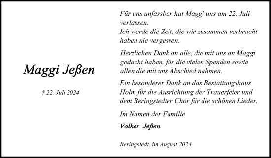 Traueranzeige von Maggi Jeßen von Schleswig-Holsteinische Landeszeitung