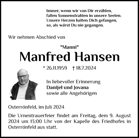 Traueranzeige von Manfred Hansen von Schleswig-Holsteinische Landeszeitung