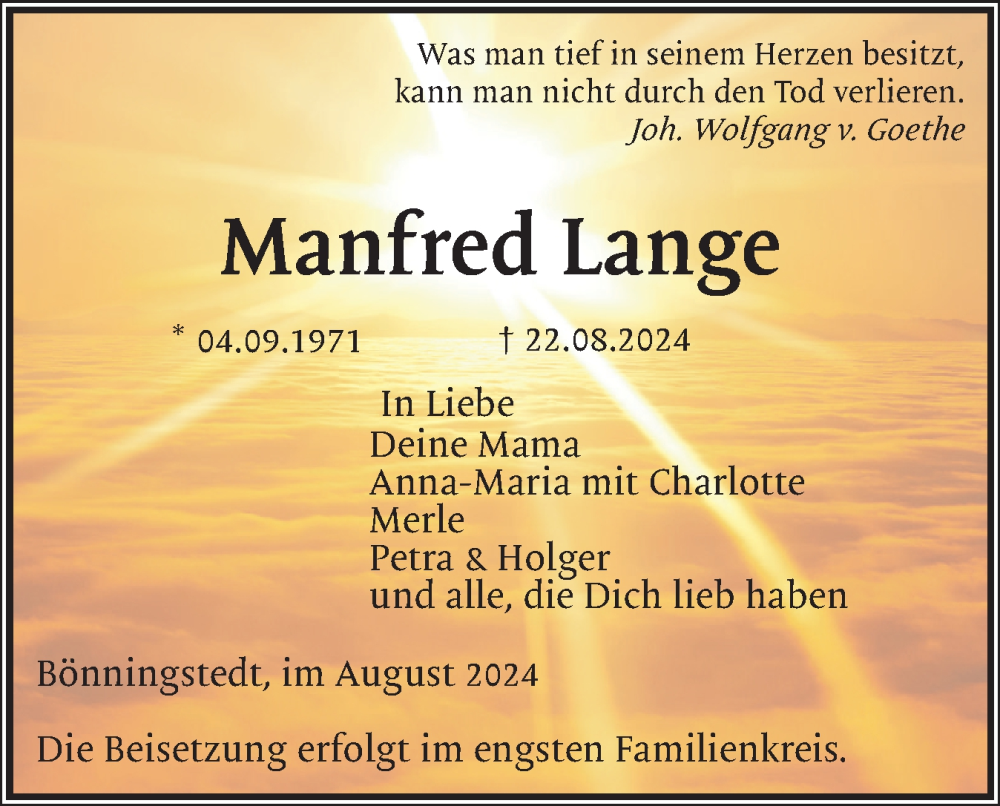  Traueranzeige für Manfred Lange vom 30.08.2024 aus Schleswig-Holsteinische Landeszeitung