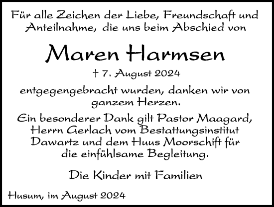 Traueranzeige von Maren Harmsen von Husumer Nachrichten, Nordfriesland Tageblatt