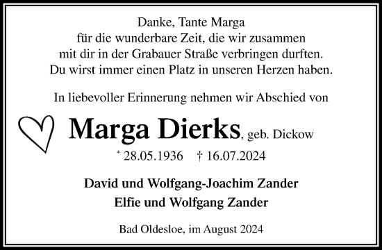 Traueranzeige von Marga Dierks von Stormaner Tageblatt