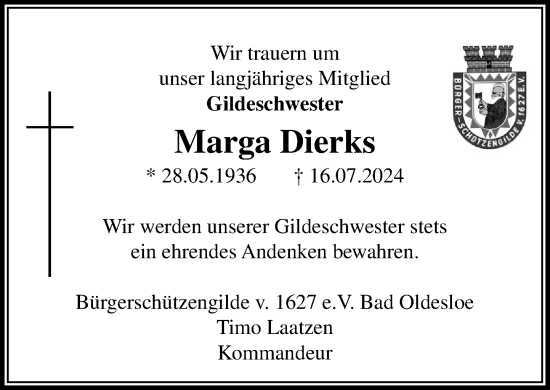 Traueranzeige von Marga Dierks von Stormaner Tageblatt