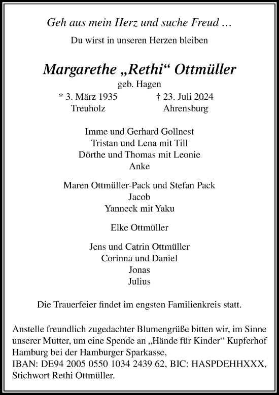 Traueranzeige von Margarethe Ottmüller von Stormaner Tageblatt