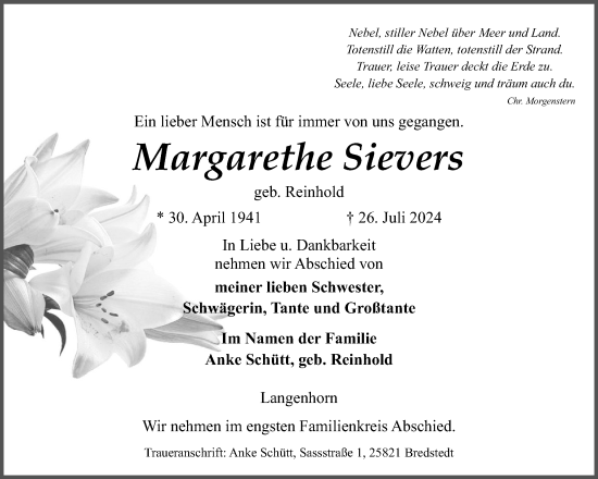 Traueranzeige von Margarethe Sievers von Region Westküste