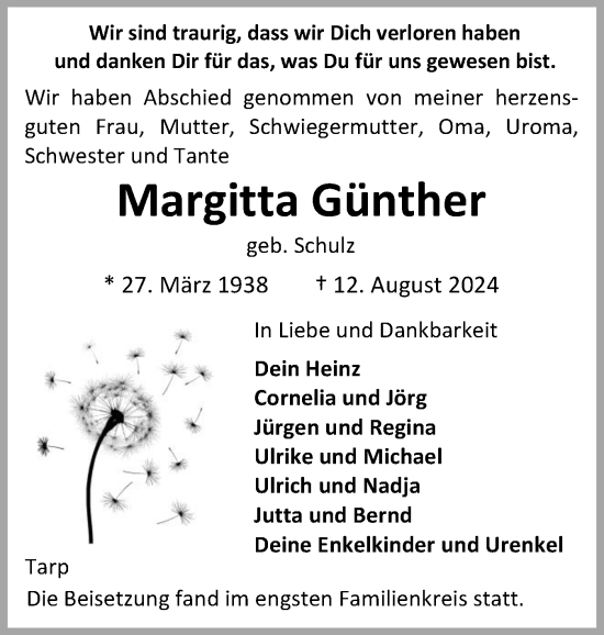 Traueranzeige von Margitta Günther von Flensburger Tageblatt