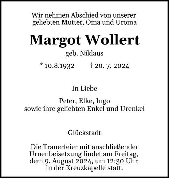 Traueranzeige von Margot Wollert von Norddeutsche Rundschau, Wilstersche Zeitung, Glückstädter Fortuna