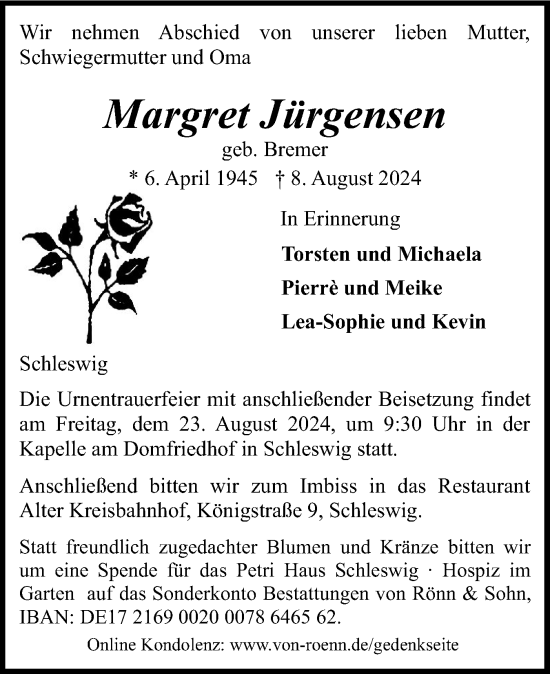 Traueranzeige von Margret Jürgensen von Schleswiger Nachrichten, Schlei-Bote