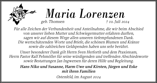 Traueranzeige von Maria Lorenzen von Husumer Nachrichten, Nordfriesland Tageblatt