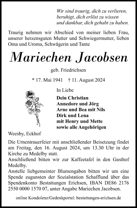 Traueranzeige von Mariechen Jacobsen von Region Flensburg