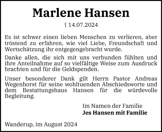 Traueranzeige von Marlene Hansen von Flensburger Tageblatt