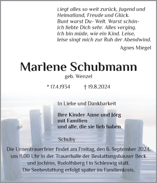 Traueranzeige von Marlene Schubmann von Schleswiger Nachrichten, Schlei-Bote