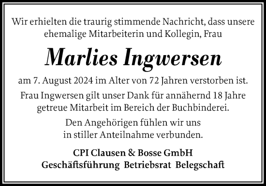 Traueranzeige von Marlies Ingwersen von Husumer Nachrichten, Nordfriesland Tageblatt