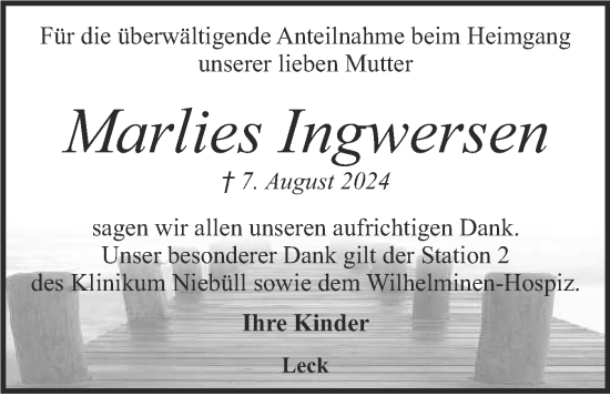 Traueranzeige von Marlies Ingwersen von Husumer Nachrichten, Nordfriesland Tageblatt