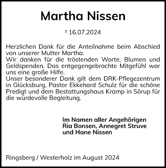 Traueranzeige von Martha Nissen von Flensburger Tageblatt, Schleswiger Nachrichten, Schlei-Bote