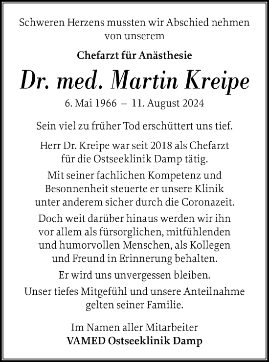 Traueranzeige von Martin Kreipe von Schleswiger Nachrichten, Schlei-Bote, Eckernförder Zeitung