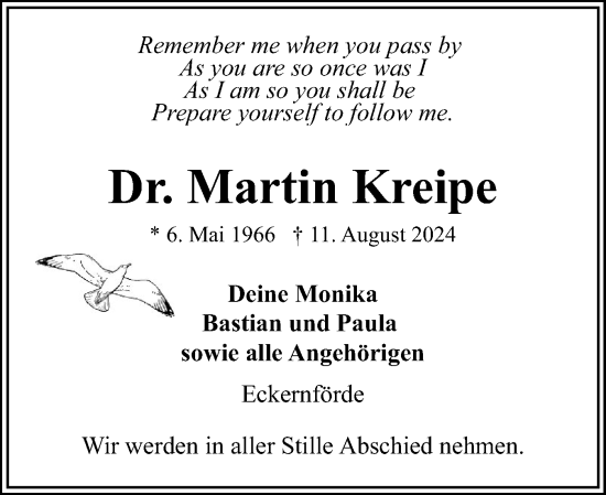 Traueranzeige von Martin Kreipe von Eckernförder Zeitung, Hallo Eckernförde