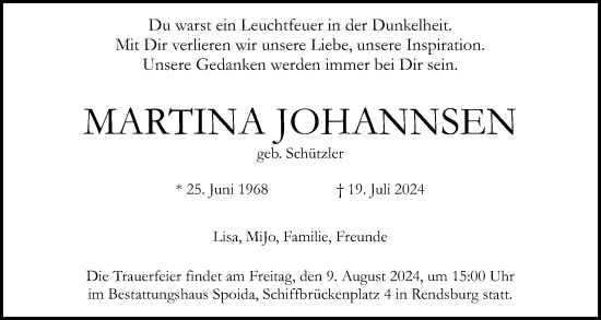 Traueranzeige von Martina Johannsen von Schleswig-Holsteinische Landeszeitung