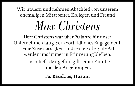 Traueranzeige von Max Christens von Husumer Nachrichten, Nordfriesland Tageblatt